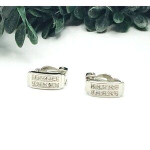 Clip on earrings, silver tone, clear rhinestones